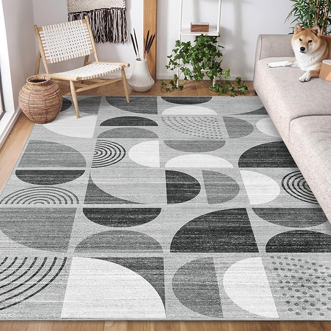 MUJOO 5x7 Area Rugs,Washable Rugs for Living Room Bedroom,Large Boho Throw Floor Carpet Non Slip Soft Modern Abstract Black and Grey