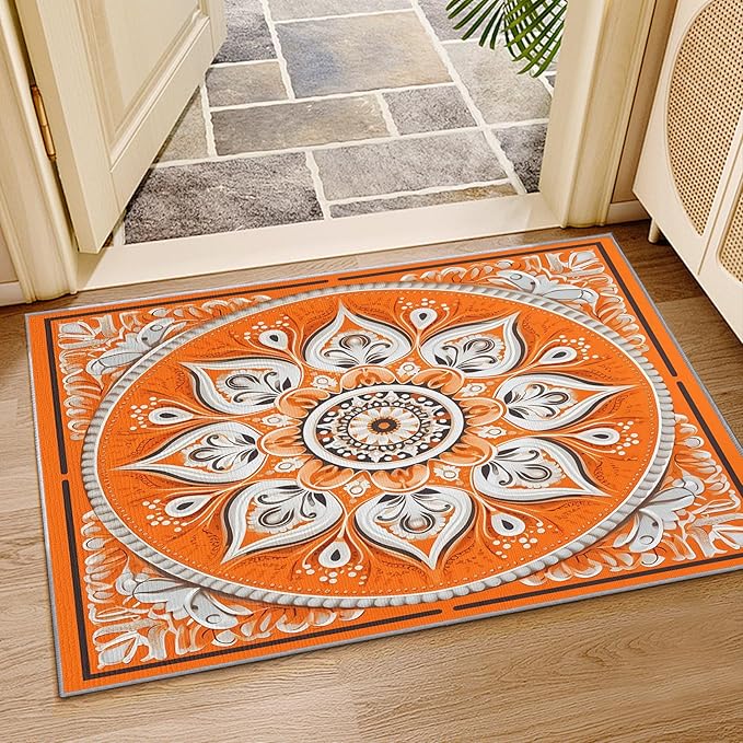 Mandala Rugs 5x7 -Orange Mandala Rug, 4x6 ft, Vintage Meditation Living Room Rug, Hippie Spiritual Washable Area Rugs for Bedroom, Boho Vintage Floral Home Decor & Gifts