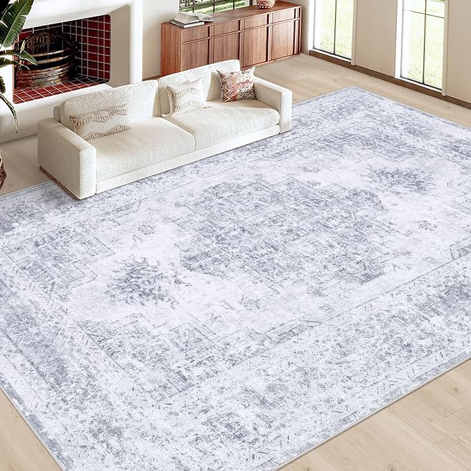 Area Rug 9x12 Living Room Rug, Machine Washable Vintage Distressed Medallion Rug Non-Slip Soft Low Pile Large Indoor Rugs for Bedroom Kitchen Dining Room Office(LightGrey,9'x12')