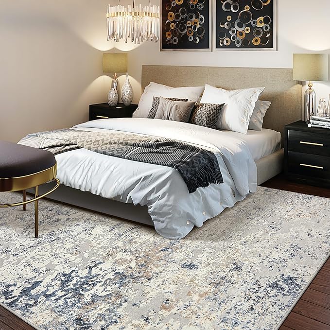 Area Rug Living Room Rugs - 12x15 Washable Large Soft Indoor Neutral Modern Abstract Low Pile Rug Carpet for Bedroom Dining Room Farmhouse Home Office - Beige Blue