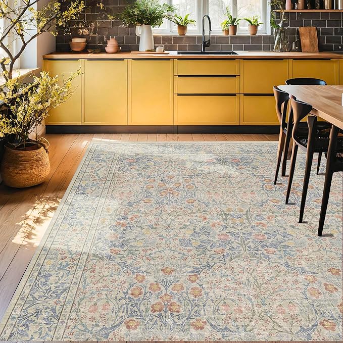 Washable Dining Room Rugs, 6x9 Area Rug for Living Room, Bedroom, Kids Playroom, Baby Nursery - Low Pile Non-Slip Lightweight - Oriental Vintage Design & Stain Resistance (6x9 Light Beige Blue)