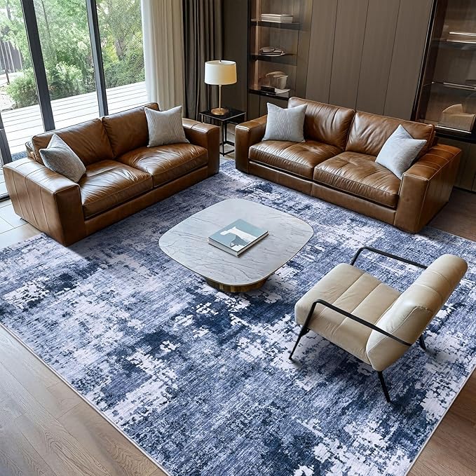 Area Rug Living Room Rugs - 5x8 Washable Large Soft Indoor Neutral Modern Abstract Low Pile Rug Carpet for Bedroom Dining Room Farmhouse Home Office - Navy Blue