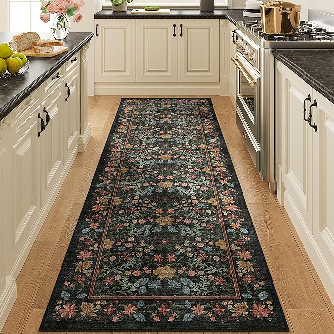 DUKINO 2x6 Runner Rug for Hallway, Washable Vintage Floral Kitchen Rug with Non Slip Backing, Soft Low Pile Throw Carpet Runner for Kitchen, Laundry, Hallway, Bathroom, Black