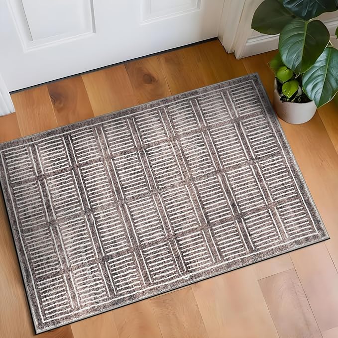 Rugshop Bohemian Stripe Lines Washable Non Slip Area Rug 2' x 3' Brown