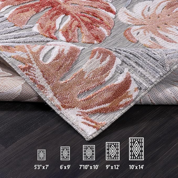 CAMILSON Indoor Outdoor Rug, Multi 4x6 Leaf Tropical Botanical Area Rugs for Indoor and Outdoor patios, Easy-Cleaning Non-Shedding Living Room, Garden and Kitchen Washable Outside Carpet (4 x 6)