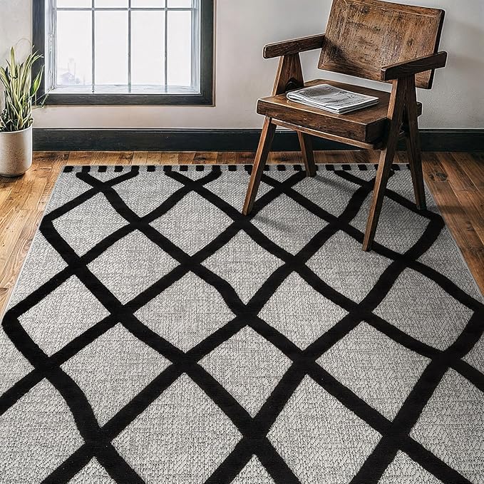 CAMILSON Modern Rug 6x9 Luxury Diamond Pattern Micro Loop Area Rugs Soft High-Low Pile Stain Resistant Easy to Clean Non-Shedding Durable Living Room Office Indoor Carpet (Black/Gray)