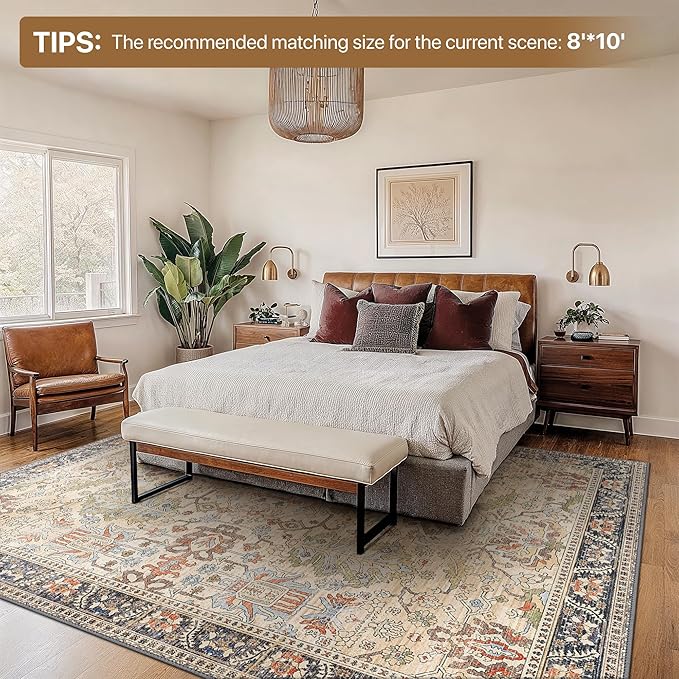 Bavni 6x9 Area Rugs Boho Washable Rugs for Living Room Non-Slip, Ultra Thin Low Pile Vintage Rug for Bedroom Dinning Room Office, Modern Farmhouse, Ivory/Teal