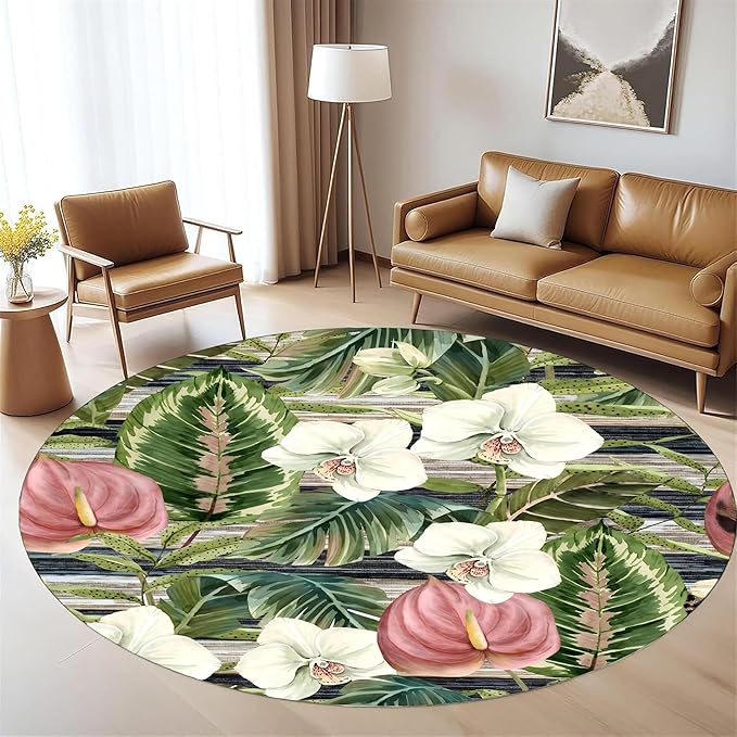 7ft Round Indoor Rug Non-Shedding Machine Washable，Low Pile Non-Slip Carpet with Tropical Floral Pattern，Soft Floor Mat for Living Room, Bedroom, Mudroom Easy Clean Home Decor