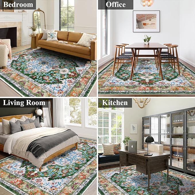 U'Artlines Boho Vintage Area Rug 6x9 Machine Washable Low Pile Soft Floor Carpet Non Slip Non Shedding Accent Rug for Living Room Bedroom Entryway Dining Room Office Green