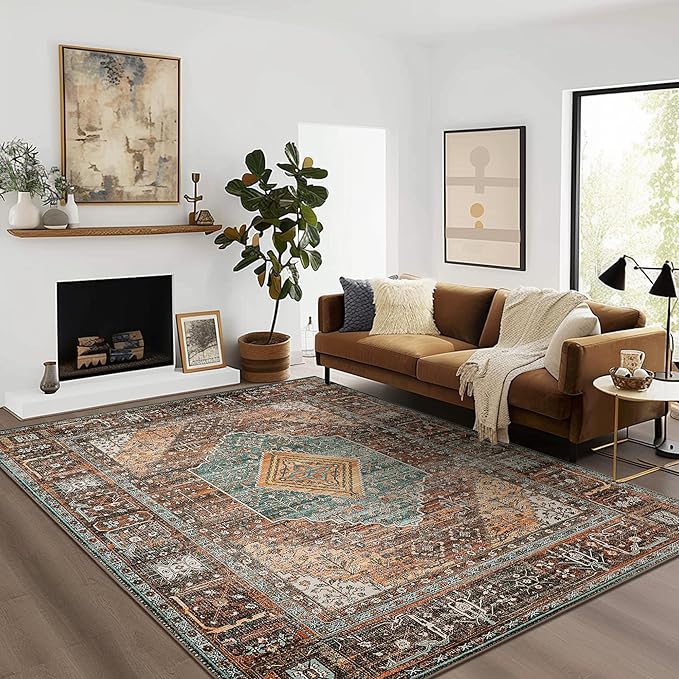 Bavni Washable Rug 4x6 Area Rug for Living Room Bedroom Dining, Washable Print Carpet, Low Pile Lightweight Rug with Non Slip Backing, Vintage Brown/Blue