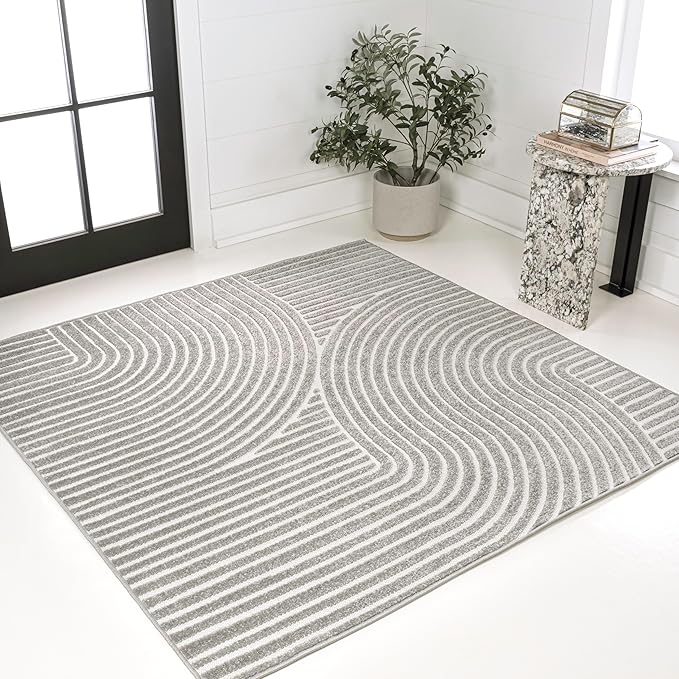 JONATHAN Y Hallie High-Low Curve Gray/Ivory 5x5 Square Indoor/Outdoor Area Rug, Minimalist, Pet Friendly, Non-Shedding, Stain Resistant, Hose-Washable for Backyard, Patio, Porch (SCN100A-5SQ)