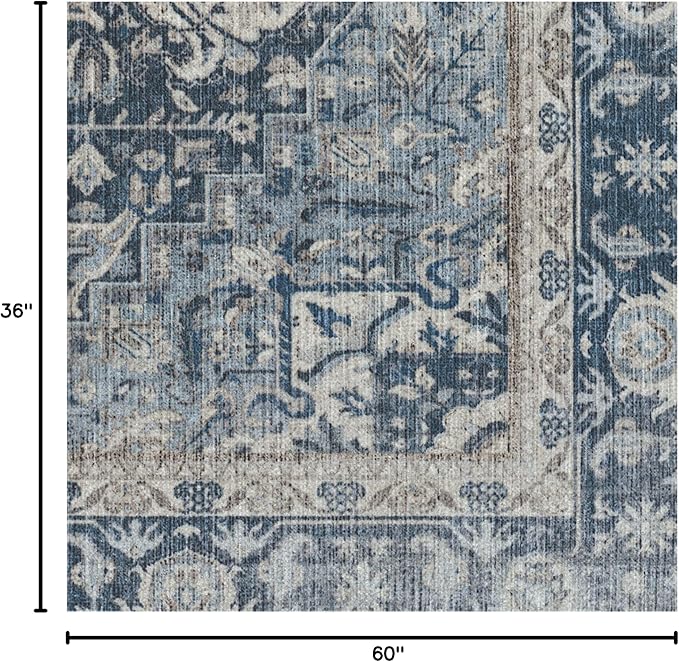RUGGABLE Washable Area Rug – Kamran Admiral Blue 3x5, Stain-Resistant, Non-Slip – Small Machine Washable Rugs for Living Room, Bedroom, Hallway, Entryway & Office–with Standard Pad
