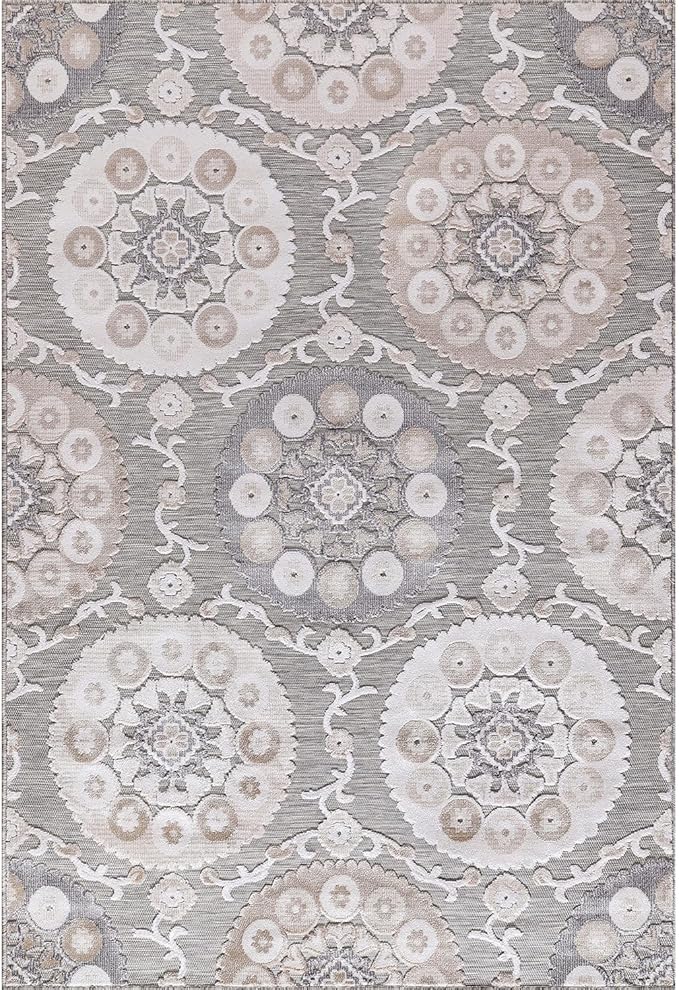 CAMILSON Indoor Outdoor Rug 8x10 Bohemian Medallion Floral Area Rugs for Indoor and Outdoor Patios Easy-Cleaning Non-Shedding Living Room Garden and Kitchen Washable Outside Carpet (8 x 10 / Beige)