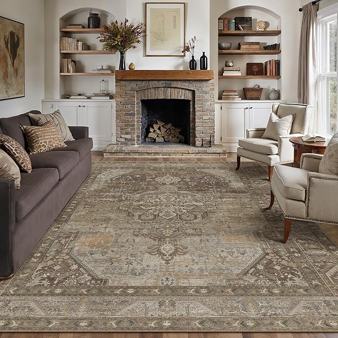 8x10 Brown Washable Vintage Area Rug for Living Room Bedroom Non Slip Distressed Traditional Soft Large Throw Rug Low Pile Lightweight Floral Carpet Office Classroom Dining Room