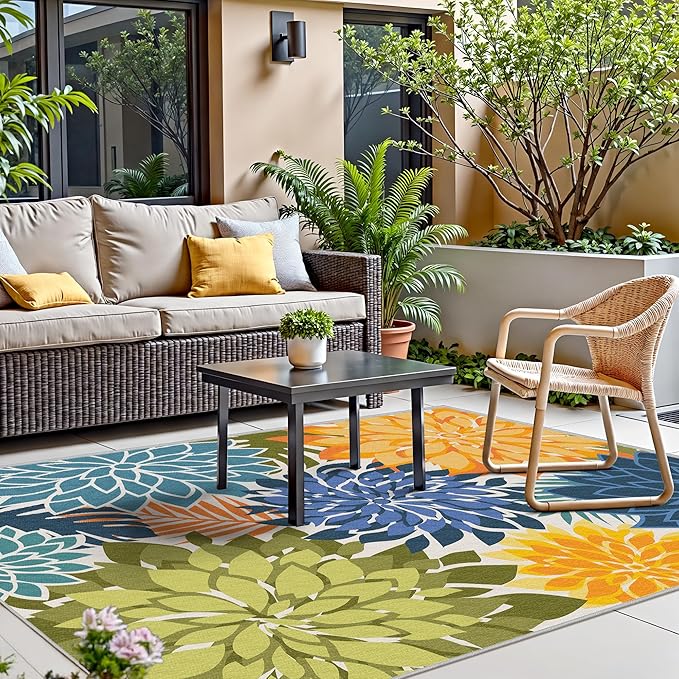 Colorful 5x8 Outdoor Area Rug Washable Multicolored Patio Rug Tropical Botanical Floral Chenille Waterproof Outdoor Carpet for Living Room, Deck, Backyard, Porch, Green