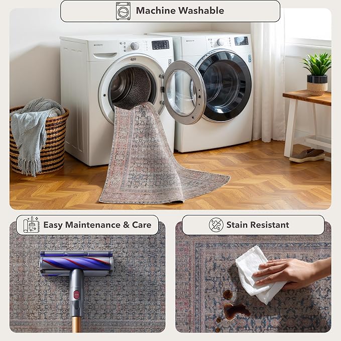 Kuden 2'6"x10 Runner Rug, Machine Washable Area Rug with Non-Slip Backing, Vintage Style, Soft, Easy Clean, Low Pile Rug for Hallway, Entryway, Kitchen, Bedroom