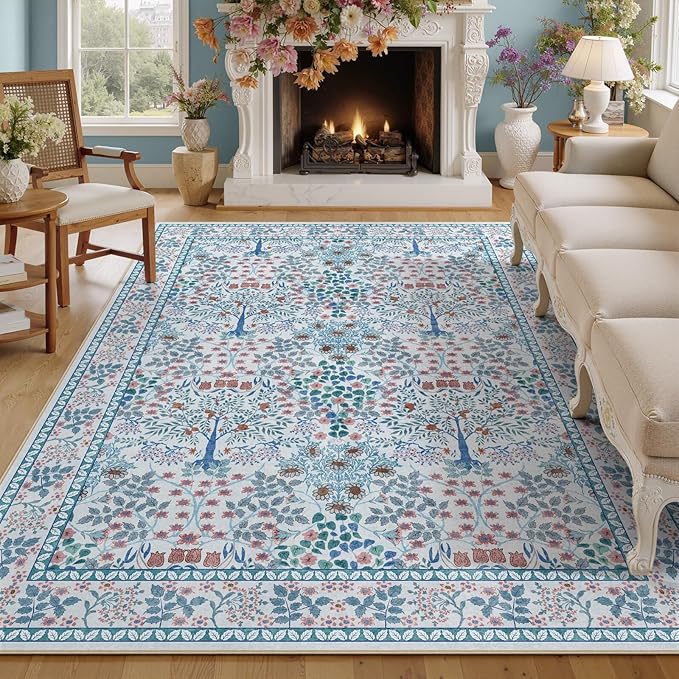 5x7 Area Rugs Living Room Rug - Floral Vintage Morris-Inspired Washable Carpet, Low Pile Non-Shedding Stain Resistance Boho Soft Carpet for Bedroom, Dining Room, Office, Farmhouse (5'x7' Blue/Pink)