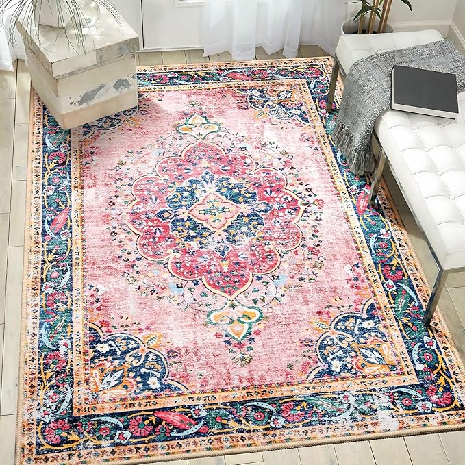 Area Rug 4x6.5 Pink Boho Rug Washable Vintage Rug for Kitchen Living Room Bedroom Bathroom Office Low Pile Non Slip Indoor Floor Carpet
