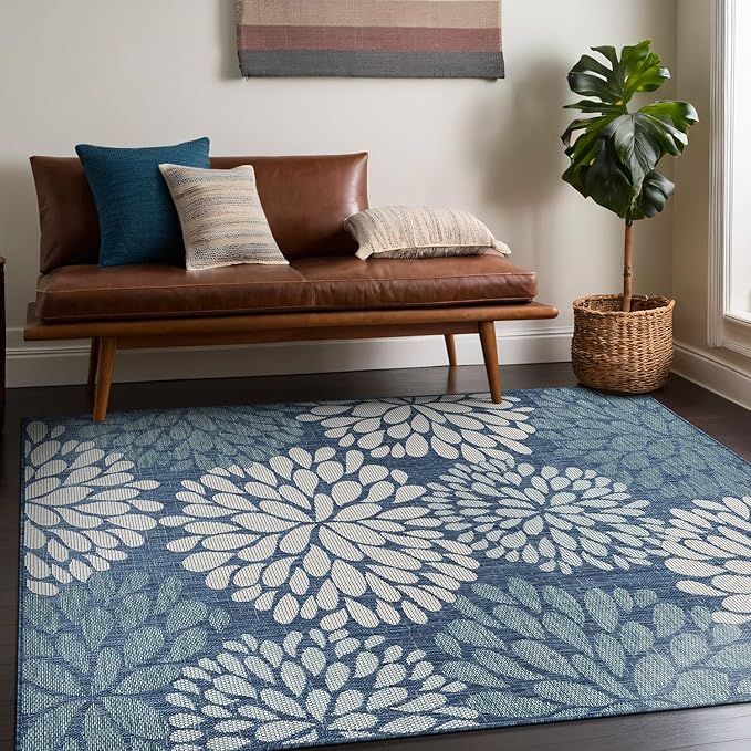 Beverly Rug Outdoor Rug 8x10 Modern Exotic Tropical Leaf Area Rugs for Indoor and Outdoor Patio Deck Porch Garden Water Resistant Washable Outside Carpet (8 x 10 Blue)