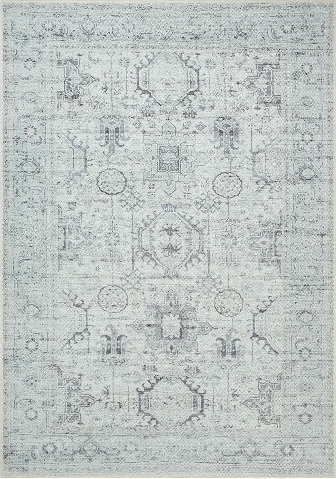 GLN Rugs Traditional Collection - Machine Washable Area Rug, Traditional Washable, Non Slip, Low Pile Chenille Rug, Living Room, Bedroom, Kitchen Rug (9' x 12' Cream/Gray/Sea Salt)