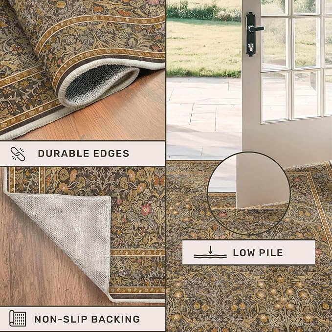 Large 8x12 Boho Living Room Rug - Gold Brown Geometric Floral Area Rug for Dining Room Under Table, Bedroom Under Bed, Low Pile & Soft - Vintage Design & Stain Resistance Carpet