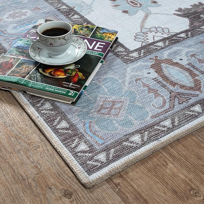 Fame Living Faded Oushak Rug, Turkish Vintage Floral Pastel Large Oversized Area Rugs for Living Room Dining Bedroom Kitchen Bathroom Nursery (854CGRY, 7'5" x 9'9")