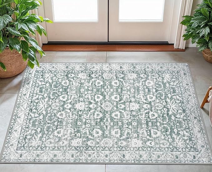 Vintage Floral 3x5 Rug, Sage Green White Entryway Rug Small Area Rug Washable Non-Slip Throw Rug, Thin Printed Faux Wool Low-Pile Kitchen Rugs Super Soft Capet for Entrance Bedroom Office