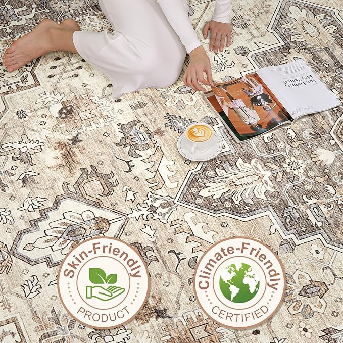7x10 Area Rug Living Room: Washable Boho Large Neutral Vintage Soft Rugs Stain Resistant Farmhouse Non-Slip Indoor Floor Carpet for Bedroom Nursery Kids Playroom Office Dining Room- Beige Brown