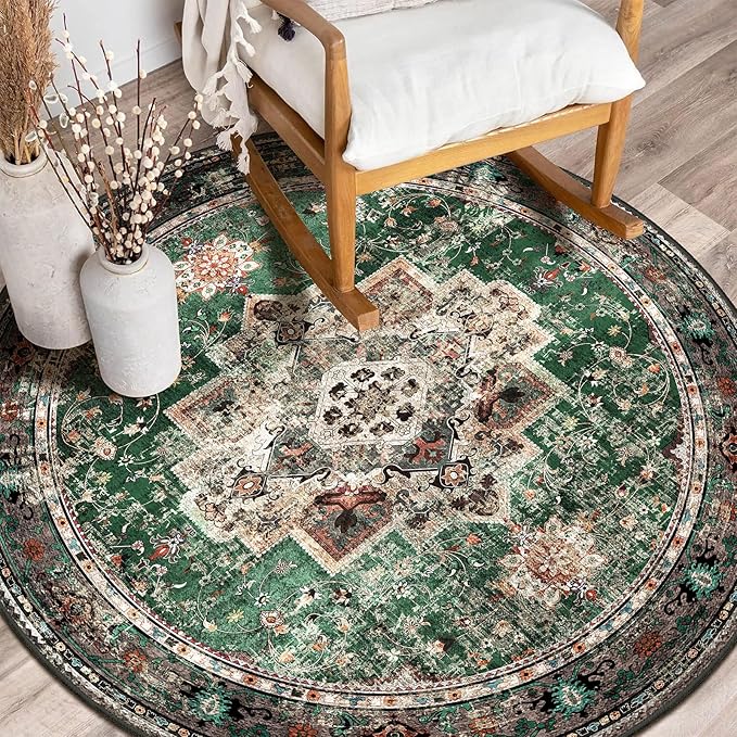 Round Rug 4ft for Bedroom, Green Washable Circle Rug Non-Slip Boho Area Rug 4' Round Carpet for Dining Room Kitchen Dorm Bathroom Low Pile Soft