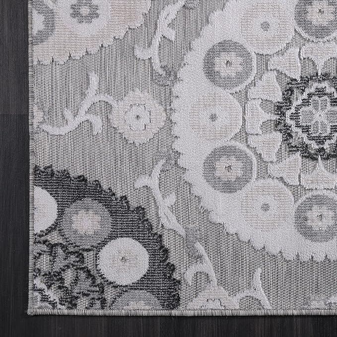 CAMILSON Indoor Outdoor Rug 8x10 Bohemian Medallion Floral Area Rugs for Indoor and Outdoor Patios Easy-Cleaning Non-Shedding Living Room Garden and Kitchen Washable Outside Carpet (8 x 10 / Gray)