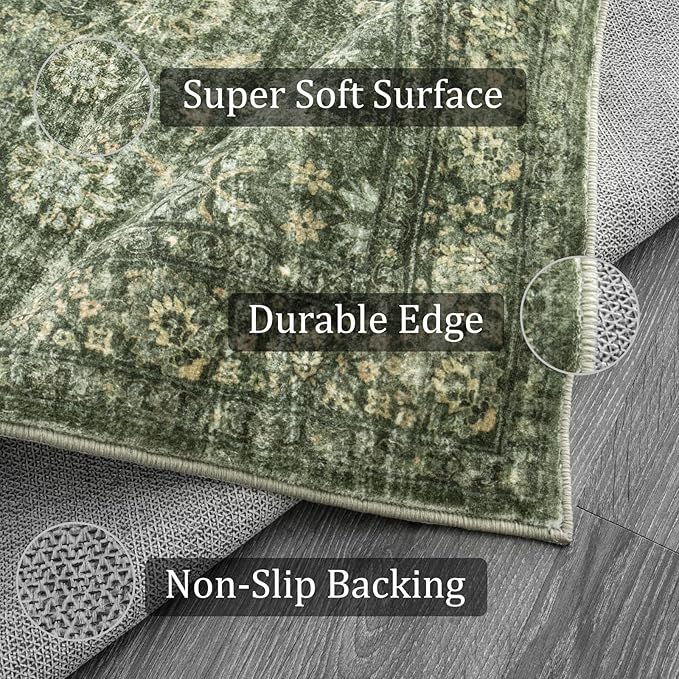 Morebes Vintage Throw Rugs, Boho 3x5 Washable Rug Non Slip,Soft Area Rug for Bedroom,Distressed Non-Shedding Floral Rug for Entryway Kitchen Foyer Bedside Playroom, Grayish Green