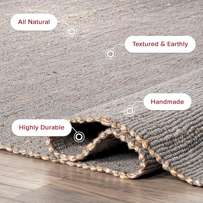 nuLOOM 5x8 Elfriede Jute & Cotton Hand Woven Area Rug, Grey, Solid Rustic Farmhouse Style, Weaved Design, Natural Fiber, For Bedroom, Living Room, Dining Room, Hallway, Office, Entryway