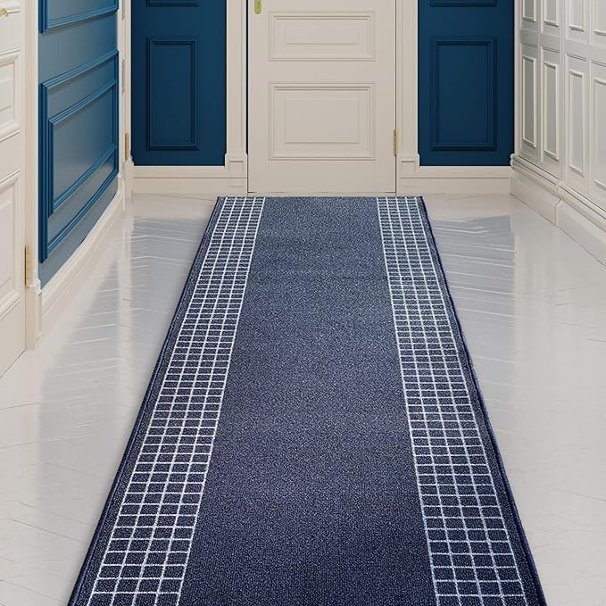 Custom Made Runner Rug for Kitchen Foyer Hallway Entry Choose Your Length 31 Inch Wide Geometric CheckeBlue Design Blue Color (15 feet x 31 Inch)