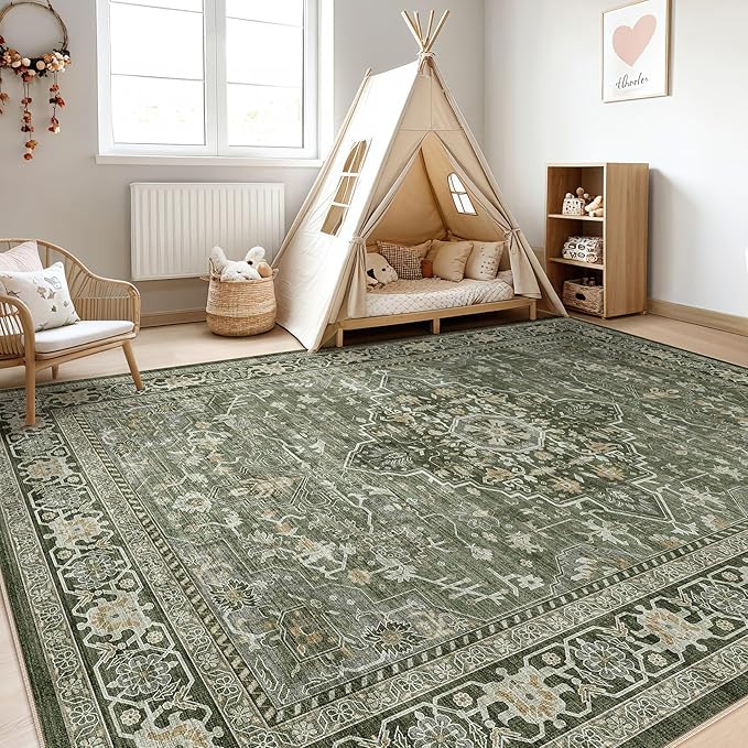 10x12 Area Rug Living Room: Washable Boho Large Neutral Vintage Soft Rugs Stain Resistant Farmhouse Non Slip Indoor Floor Carpet for Bedroom Nursery Kids Playroom Office Dining Room Home- Dark Green