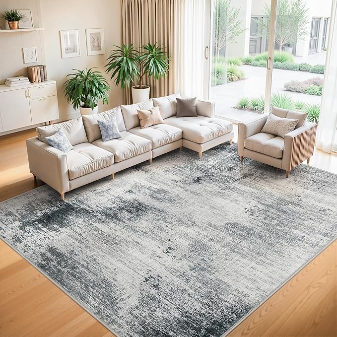 8x10 Area Rugs Machine Washable - Modern Abstract Large Rugs for Living Room Soft Anti-Skid Thin Carpet for Bedroom, Under Dining Table, Nursery, Farmhouse,Home Office (8'x10' Dark Grey)