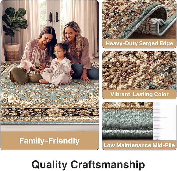 Well Woven Barclay Collection Medallion Kashan Light Blue 8x10 Area Rug - for Living Room, Bedroom, and Dining Room