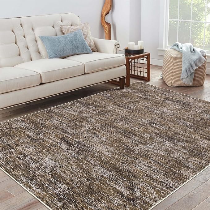 RUGSREAL 6x9 Large Bedroom Area Rug Soft Modern Area Rug for Living Room Non-Slip Stain Resistant Abstract Throw Floor Carpet Contemporary Rug Solid Accent Rug for Dining Room Office, Brown