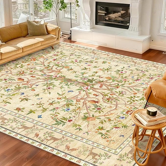 8x10 Area Rugs for Living Room, Machine Washable Non-Slip Carpet, Boho Floral Low Pile Throw Rugs for Bedroom, Dining Room, Office, Nursery, Vintage Home Decor（Beige）