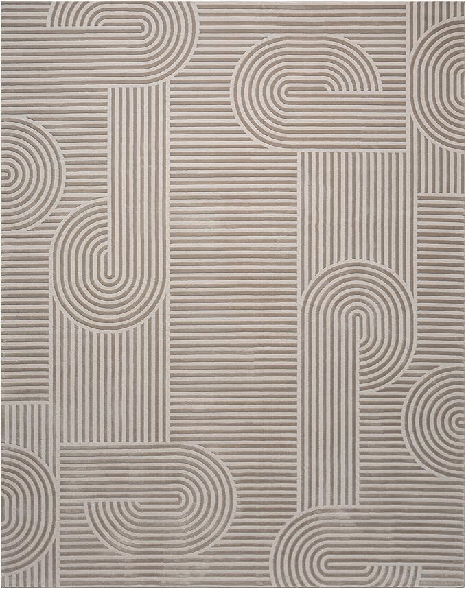Annabel Modern Geometric Area Rug for Living Room, 8x10 Contemporary Arched Linear Beige Neutral Rug, Stain Resistant Non-Shedding Carpet for Bedroom, Dining Room, Kitchen (8' x 10', Beige)
