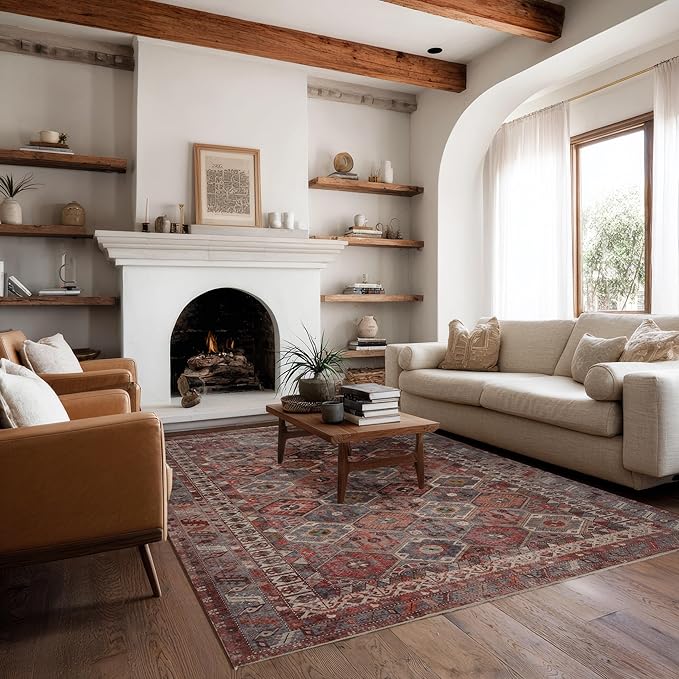 Kuden 8x10 Large Area Rug, Machine Washable Area Rug with Non-Slip Backing, Vintage Style, Soft, Easy Clean, Low Pile Rug for Living Room, Bedroom, Dining Room