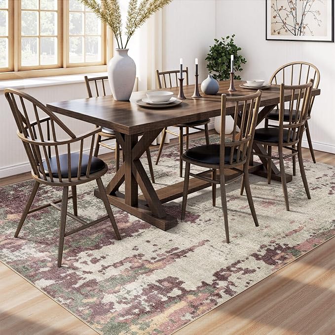 6x9 Area Rug Living Room Rugs - Washable Neutral Modern Abstract Soft Thin Rug Indoor Floor No Slip Rug Carpet for Bedroom Under Dining Table Home Office Decor - Purple/Green/Beige