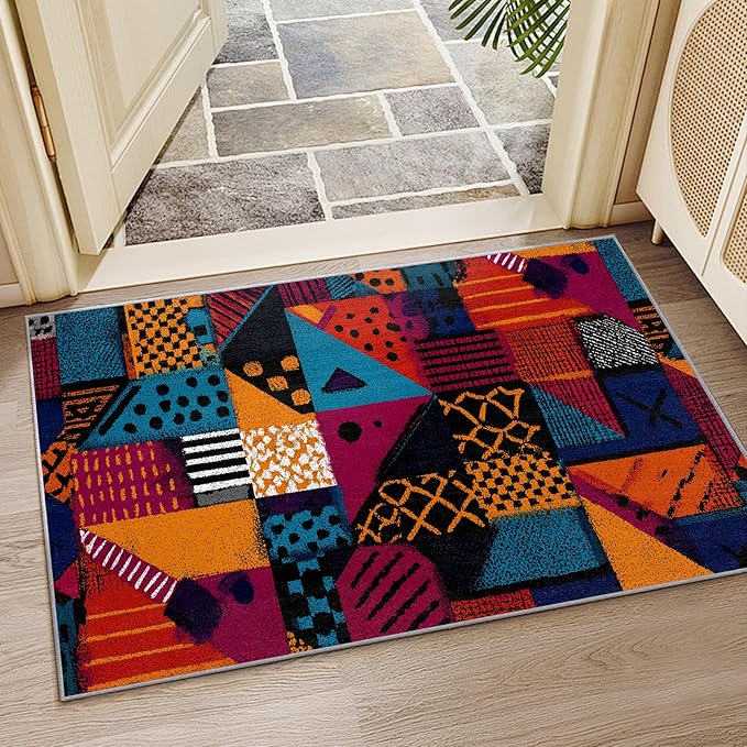 Patchwork Rug, Geometric Abstract Area Rugs 5x6, Multicolor Retro Aesthetic Non Slip Thin Carpets House Decor #C019