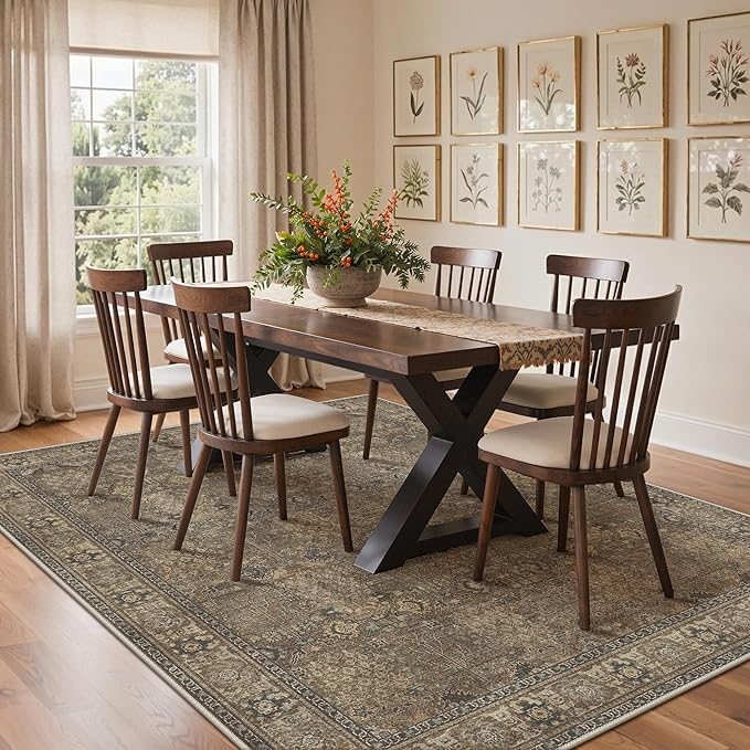 Bavni Washable Rugs 8x10-Machine Washable Rug Lightweight Low Pile, Vintage Floral Rug Non-Shedding Distressed Throw Carpet for Living Room Bedroom Office, Brown
