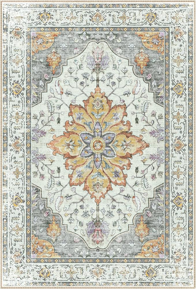 Area Rugs Square 6ft Washable Non-Slip, Floral Vintage Distress Print Pattern Medallion Carpet for Living Room Bedroom Dining Room, Light Yellow Carbon Grey Orange