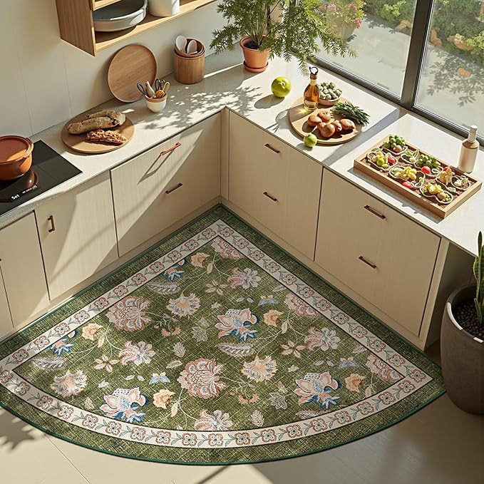 jinchan Elora Floral Corner Rug for Entryway Washable Kitchen Rug Vintage Romance Design Non Slip Quarter Circle Lightweight Low-Pile Throw Carpet for Playroom Reading Nook Nursery, 4ft Radius, Green