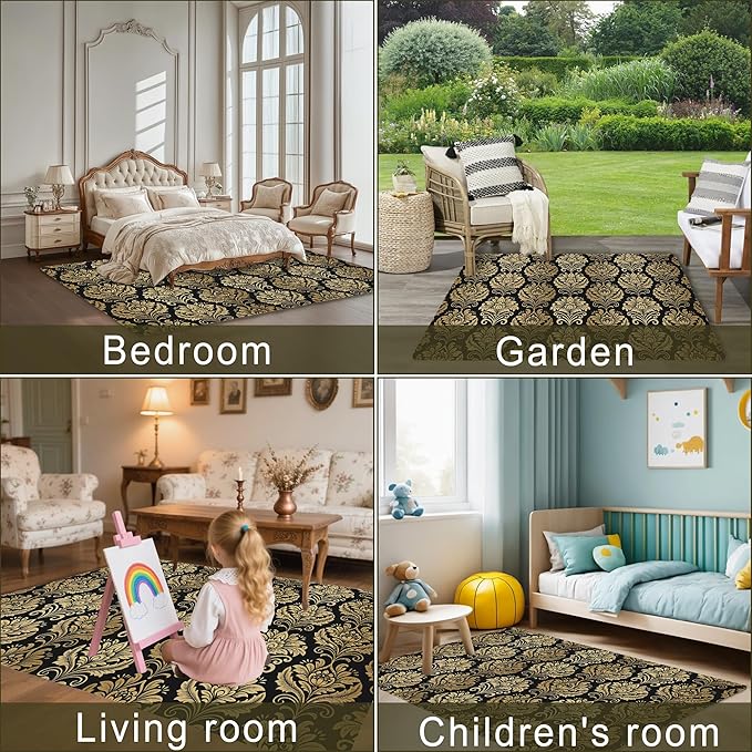 Black Damask Flower Golden Carpet for Living Room, 5x7 Non-Slip Washable Low Pile Abstract Design Rug, Space Saving Area Rug for Bedroom, Dining Room