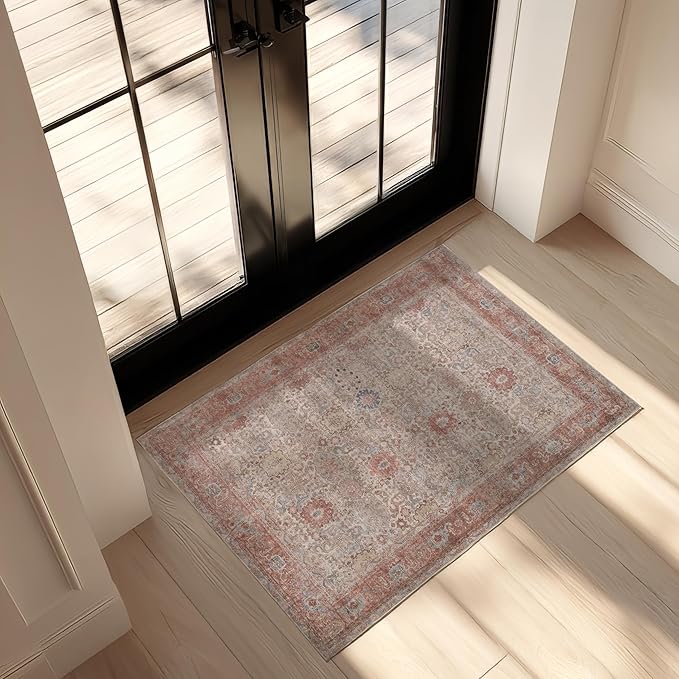 Kuden 3x5 Small Rug, Machine Washable, Non-Slip Backing, Vintage Style, Soft, Low Pile, Area Rugs for Entryway Kitchen Indoor Entrance