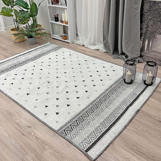 Alfa Rich 7x10 Gray Off White Washable Area Rugs for Living Room Bedroom Kitchen Dining Cotton Rug