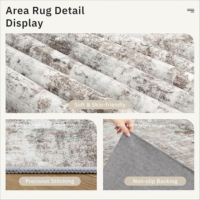 Area Rugs 4x6 for Living Room, Vintage Washable Rugs for Dining Room, Kitchen, Non-Slip Area Rug Pink Grey