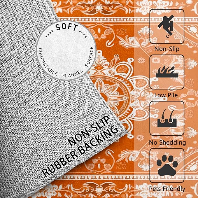 Mandala Rugs for Living Room - 8x10 Area Rugs, Vintage Floral Living Room Rug, Orange Mandala Rug for Bedroom, Boho Medallion Washable Carpet, Meditation Boho Ethnic Home Decor & Gifts